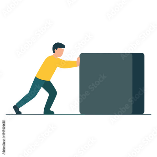 Man pushing large box across floor indoors with effort