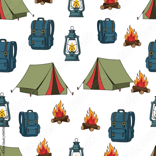 A playful seamless pattern featuring camping gear tents, backpacks, lanterns, and campfires