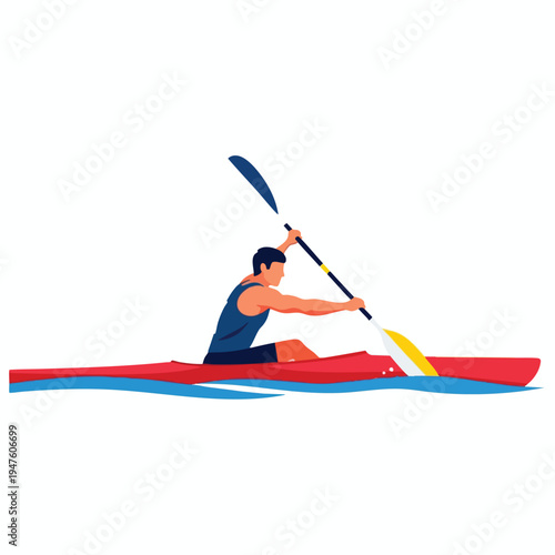 Male athlete kayaks through blue water, paddling with an oar