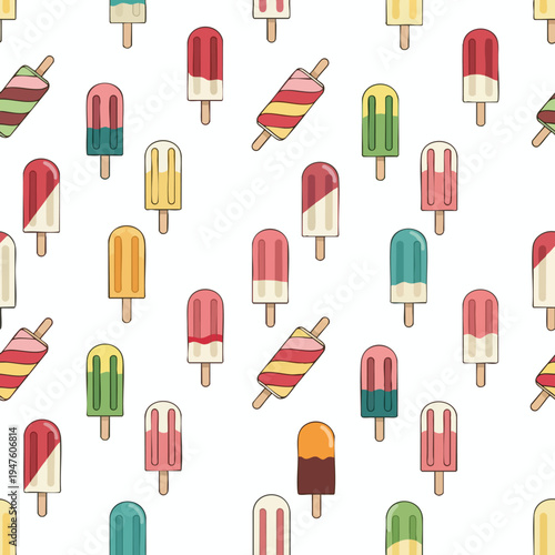 A playful seamless pattern of colorful popsicles in various shapes and flavors