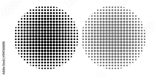 Set of halftone dots gradient pattern texture isolated on white background. Straight dotted spots using halftone circle dot raster texture.