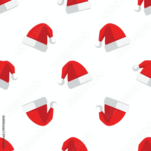 Seamless pattern of red and white Santa hats scattered on a white background