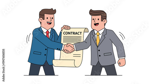 Businessmen shaking hands with contract. Agreement, partnership, deal, negotiation, and success concept. Flat cartoon illustration.