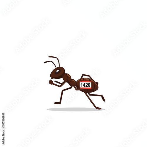 Animated brown ant in mid-stride, wearing a red bib with the number 1420