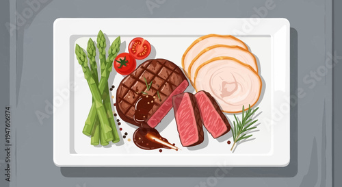 A plate of grilled steak and vegetables with sauce on a table indoors