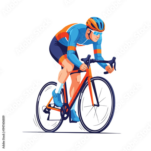 A cyclist in racing gear speeds forward on an orange and blue bicycle
