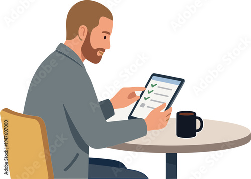 Man sitting at table uses tablet with checkmark on screen