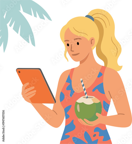 Woman enjoys a coconut drink while browsing on her tablet outdoors.