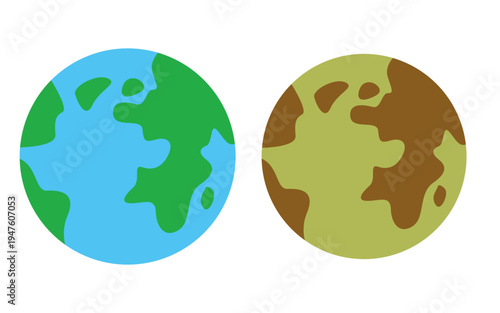 Flat vector illustration showing two versions of planet Earth: a clean green earth and a polluted dirty earth. This environmental concept visualizes the contrast between a healthy planet