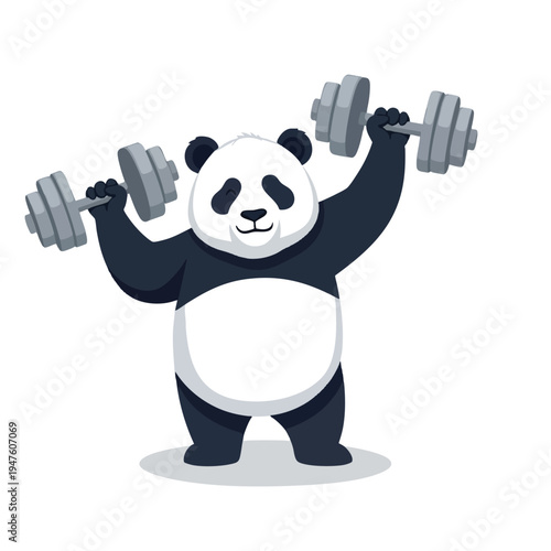Cartoon panda lifts dumbbells, showing off its muscles and strength