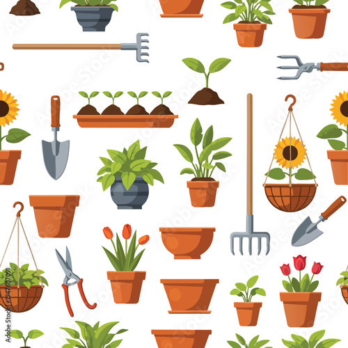 A playful pattern of garden tools, plants, and pots in cheerful, flat illustration style