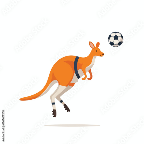 A kangaroo mid-jump plays soccer, with a ball in the air