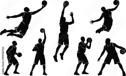 Basketball player silhouettes set with athletes dribbling shooting jumping dunking and passing ball isolated on white background sport action collection