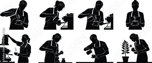 Barista making coffee silhouettes set showing cafe worker preparing espresso and pouring drink isolated on white background coffee shop concept