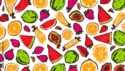 Colorful Fruit Pattern with Watermelon, Strawberries, and Citrus