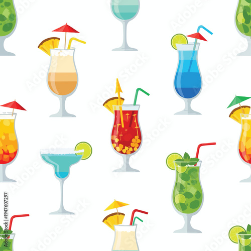 Seamless pattern of colorful tropical cocktails with fruit and umbrellas