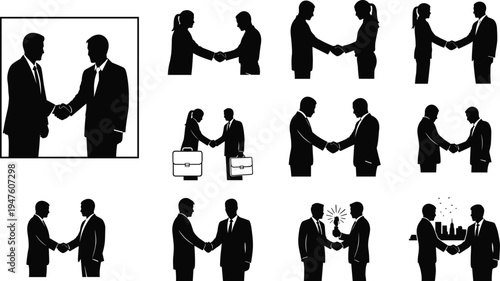 Business handshake silhouettes collection with businessmen partners greeting agreement deal partnership meeting isolated on white background corporate collaboration concept