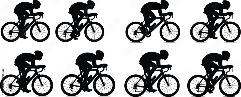 Naklejka premium Cyclist riding road bike silhouettes set showing professional cycling athlete racing isolated on white background sport training concept