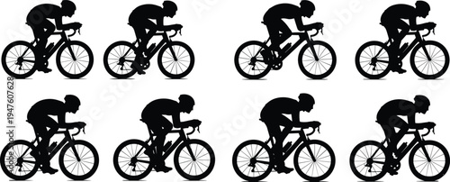 Cyclist riding road bike silhouettes set showing professional cycling athlete racing isolated on white background sport training concept