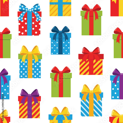 Bright, colorful, patterned gift boxes with ribbons and bows