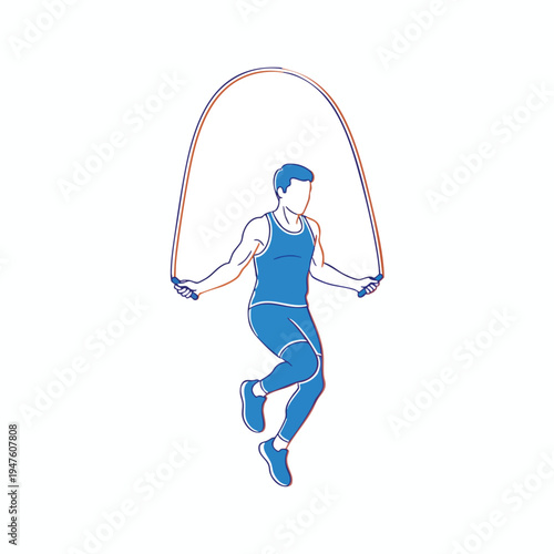 Man in blue workout clothes jumping rope in dynamic motion