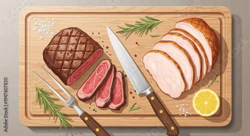 Grilled steak and roasted meat on cutting board with knife and fork