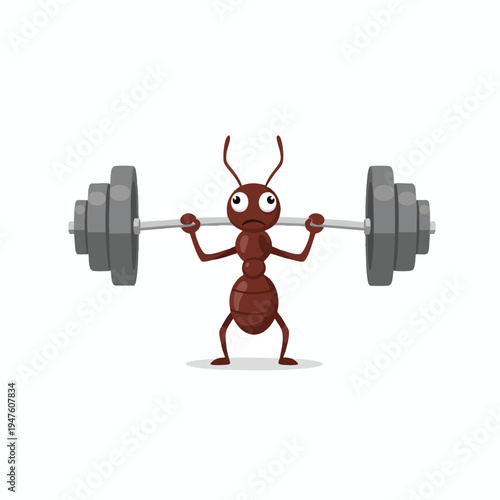 Tiny ant struggles with a heavy barbell on a white background