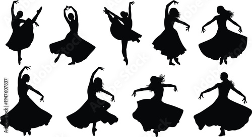 Flamenco dancer silhouettes collection with elegant female dancers performing traditional Spanish dance movements isolated on white background cultural dance set