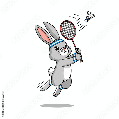 Cartoon bunny in athletic wear playing badminton, jumping high
