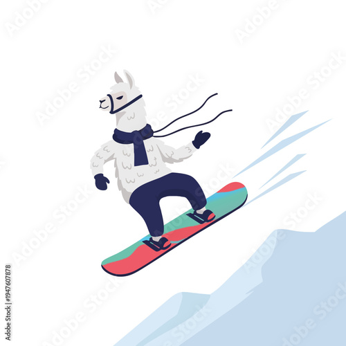 A cartoon llama wearing a scarf, gloves, and pants snowboards down a slope