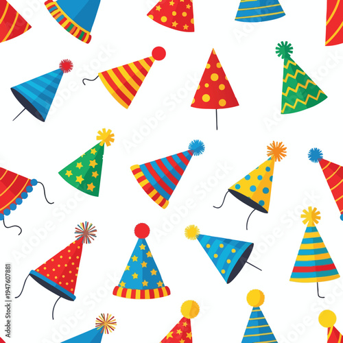 Assorted colorful conical party hats with patterns and pom-poms scattered on white