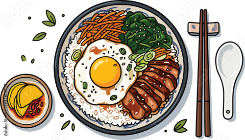 Rice Bowl with Egg: Contemporary Asian Food Illustration
