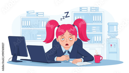 Exhausted female office worker with bright pink hair feeling extremely tired and sleepy while sitting at her computer desk.