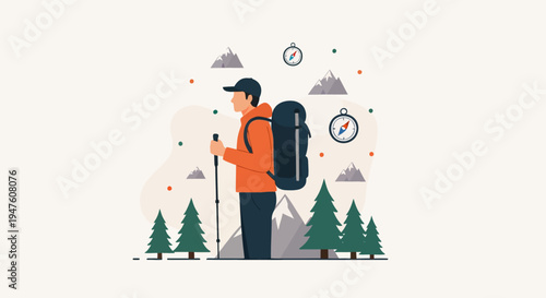 Flat vector illustration of a man hiking in the mountains with a trekking pole and copy space