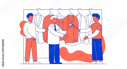 Flat Vector Illustration of a Man Choosing Clothes in a Wardrobe or Fashion Boutique