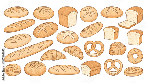 Extensive collection of various hand drawn bread types including baguettes croissants pretzels and round loaves on white.