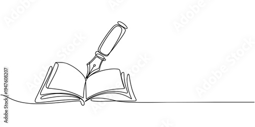 World Poetry Day. Abstract antique ink pen for writing and open book, continuous single one line art hand drawing sketch logo