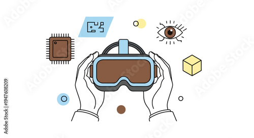 Hand holding a virtual reality headset with digital chip icons