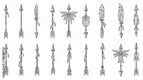 Collection of hand drawn tribal arrows decorated with feathers and ethnic patterns in a vintage black and white sketch style.