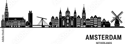 Amsterdam Skyline Silhouette with Windmill and Bridge Keywords: Amsterdam, Netherlands, skyline, silhouette, architecture