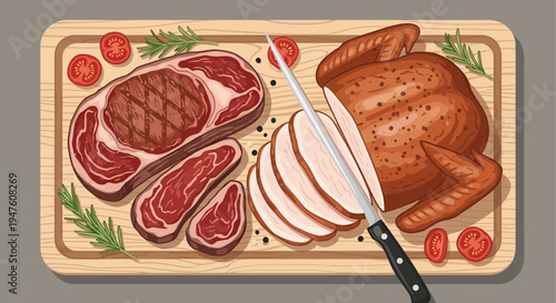 A cutting board displays sliced meats and a whole roasted turkey with a knife on a kitchen counter.