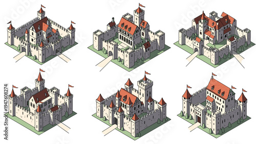 Six different isometric medieval castle designs with stone walls watchtowers and red roofs situated on green grass patches.