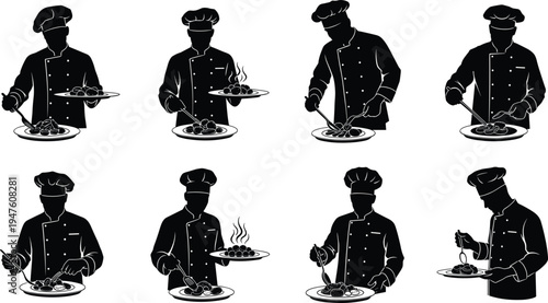 Minimalist chef silhouette icons in various cooking and serving poses, culinary art illustrations for restaurant, kitchen, food preparation themes