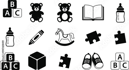 Black and white icons of baby toys and educational items on white background silhouette
