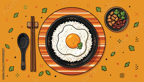 Rice Bowl with Egg: Contemporary Asian Food Illustration
