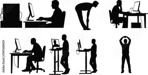 Office worker posture silhouettes showing sitting standing and stretching at computer desk ergonomic workplace health concept isolated on white background