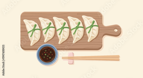 Traditional Dumplings on Wooden Plate Flat Illustration