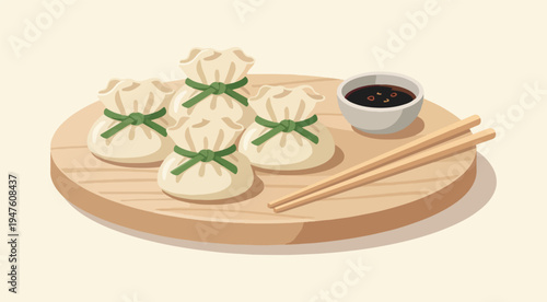 Traditional Dumplings on Wooden Plate Flat Illustration