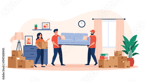 Team of professional movers in orange shirts carrying a blue sofa into a room while a woman manages the cardboard boxes.