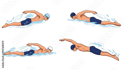 Sequence of four illustrations depicting a male athlete performing the front crawl swimming stroke in clear blue water.